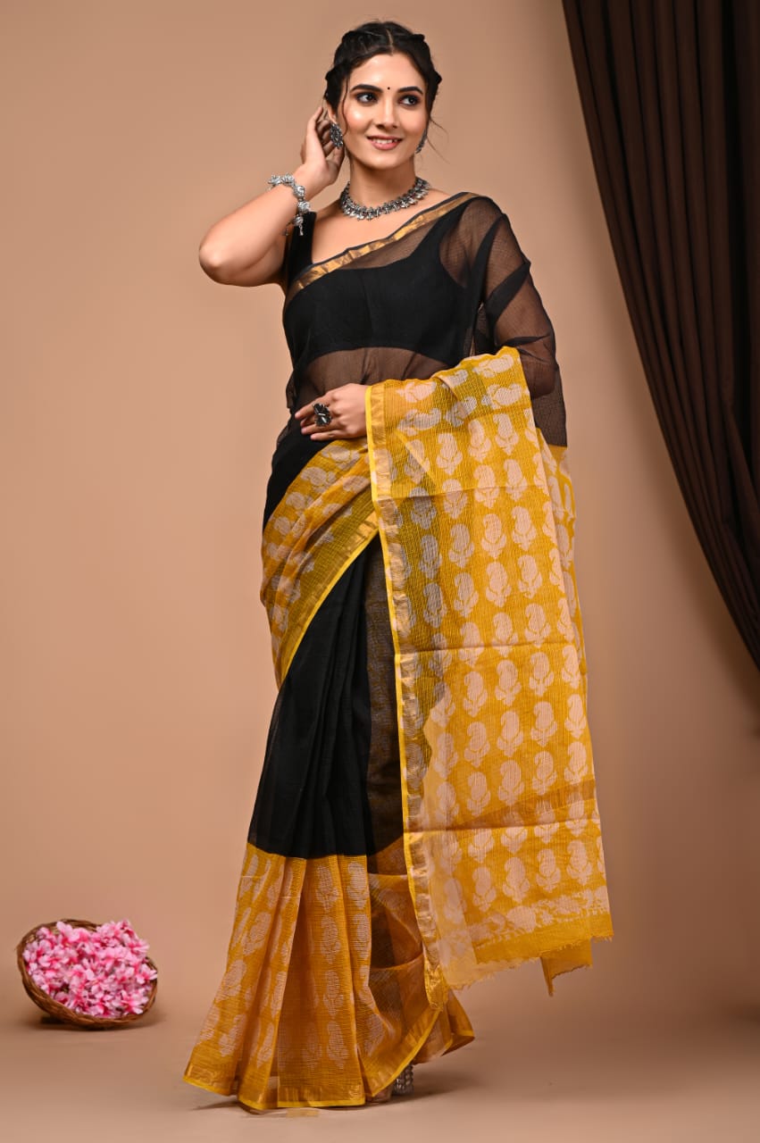 Buy MySilkLove Tuna black and Yellow Handblock Kota Doriya Saree Online