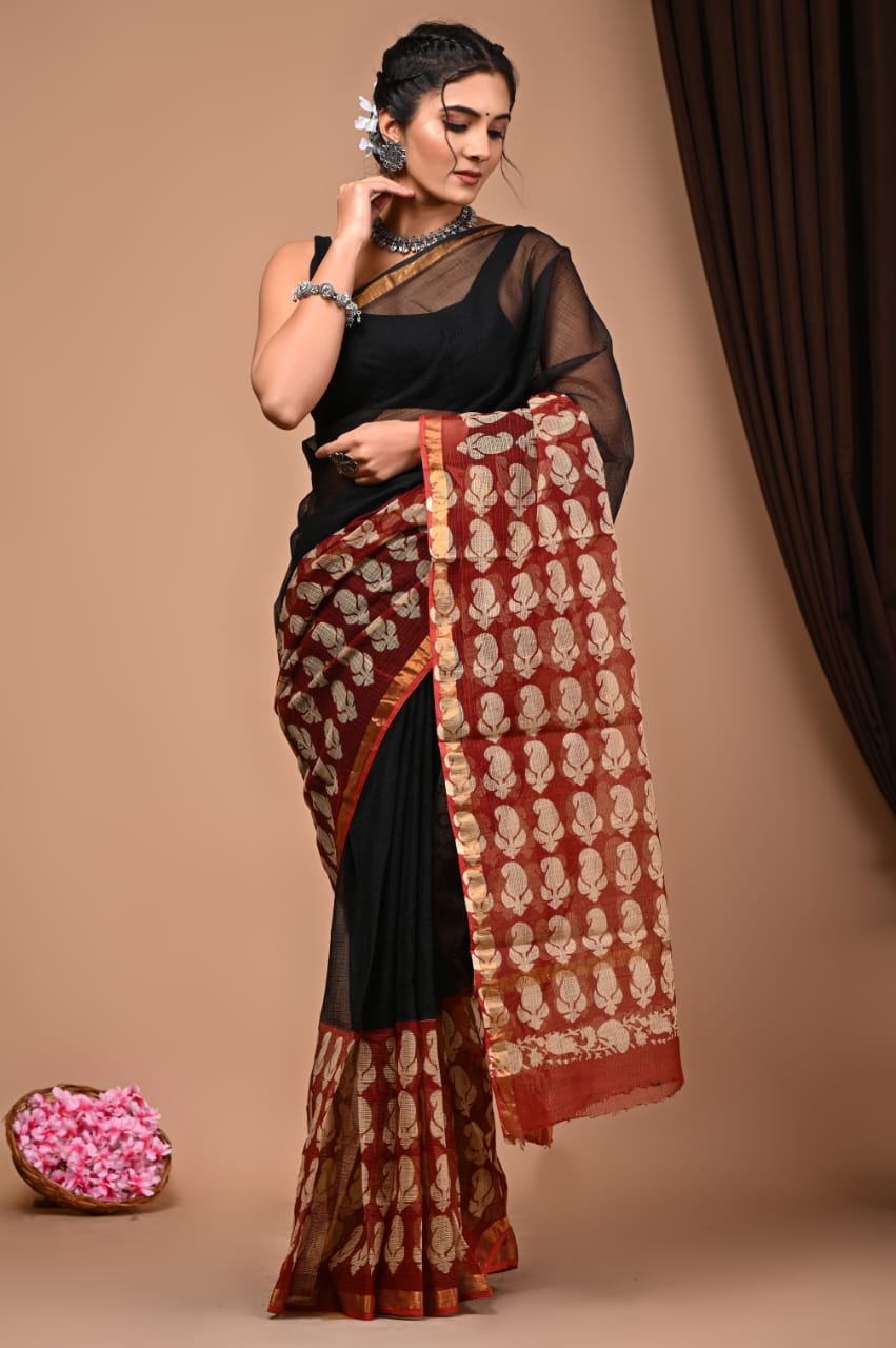 Buy MySilkLove Coral Black and Red Handblock Kota Doriya Saree Online