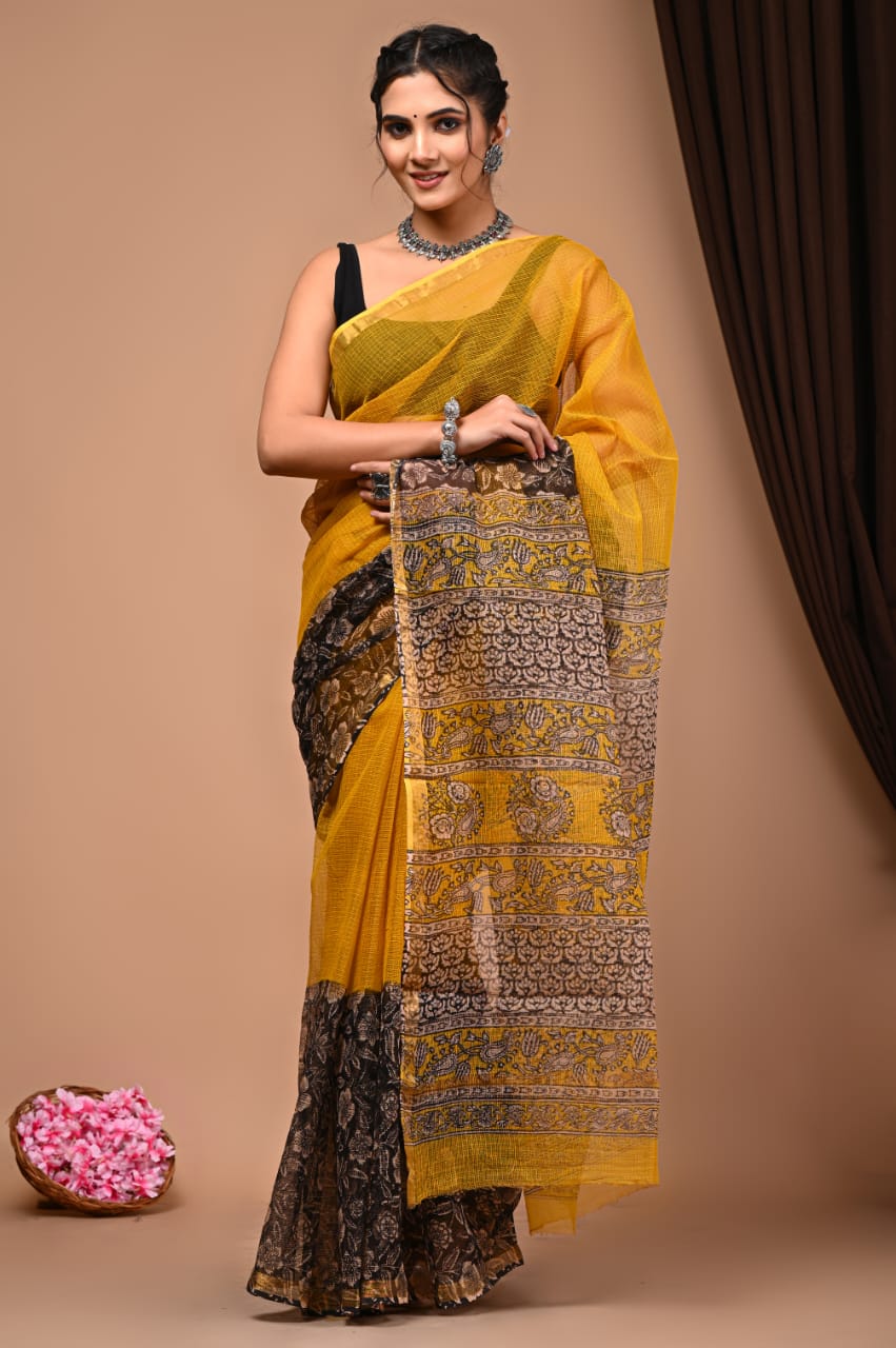 Buy MySilkLove Tulip Yellow Handblock Kota Doriya Saree Online