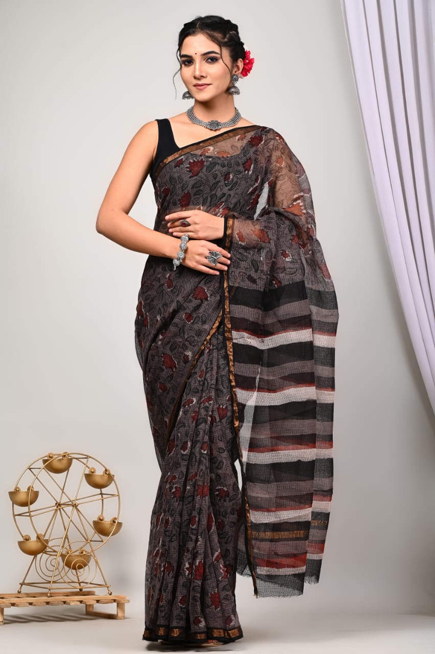 Buy MySilkLove Santas Grey Handblock Kota Doriya Saree Online