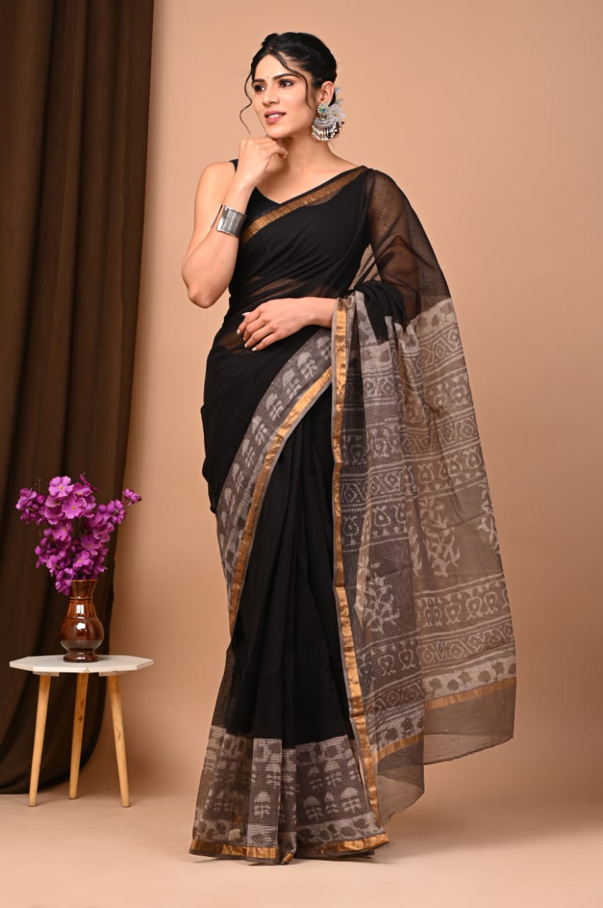 Buy MySilkLove Midnight Black Handblock Kota Doriya Saree Online