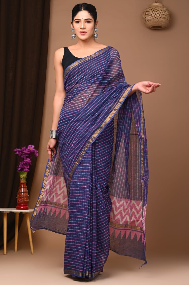 Buy MySilkLove Minsk Blue Handblock Kota Doriya Saree Online