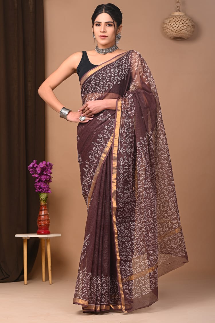 Buy MySilkLove Coco Brown Handblock Kota Doriya Saree Online