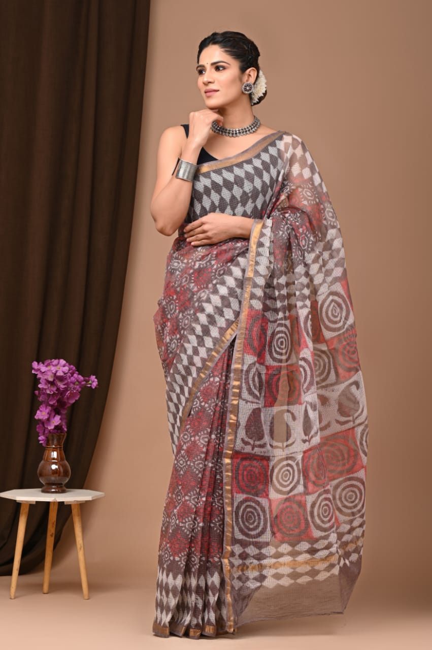 Buy MySilkLove Wood Brown Handblock Kota Doriya Saree Online