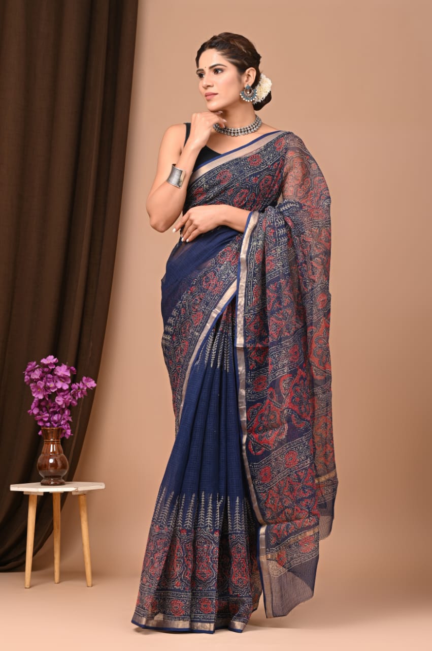 Buy MySilkLove Navy Blue Handblock Kota Doriya Saree Online