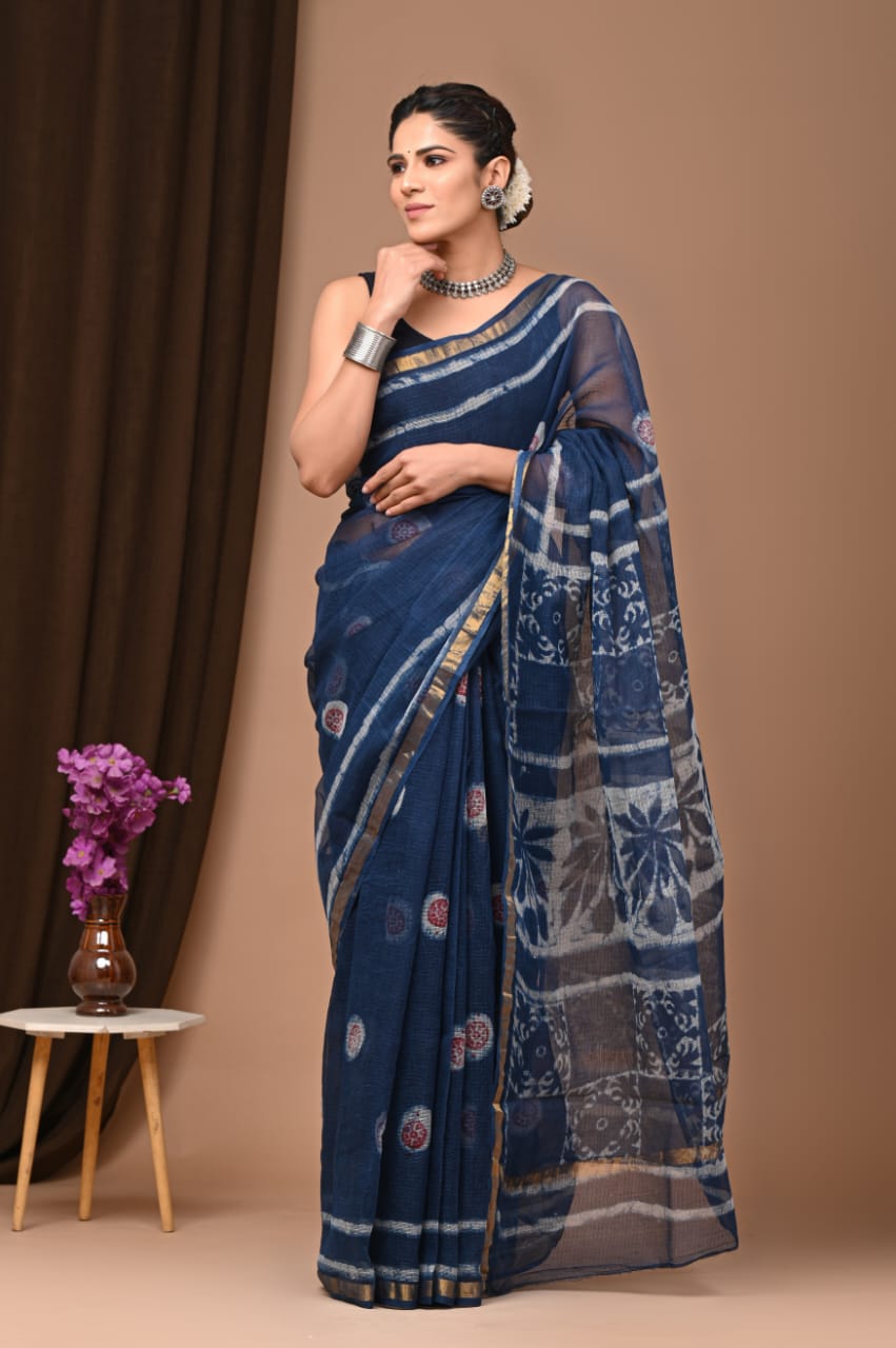 Buy MySilkLove Gigas Blue Handblock Kota Doriya Saree Online