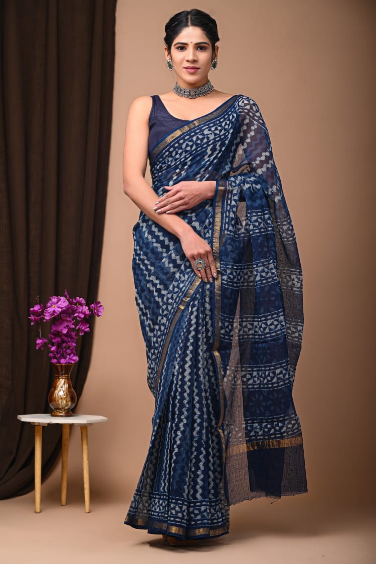 Buy MySilkLove Butterfly Bush Blue Handblock Kota Doriya Saree Online