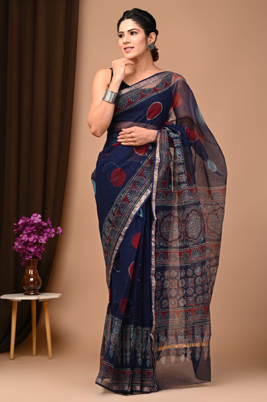 Buy MySilkLove Scampi Blue Handblock Kota Doriya Saree Online