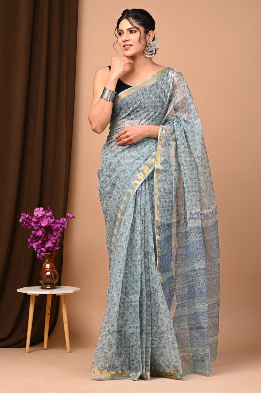 Buy MySilkLove Submarine Green Handblock Kota Doriya Saree Online