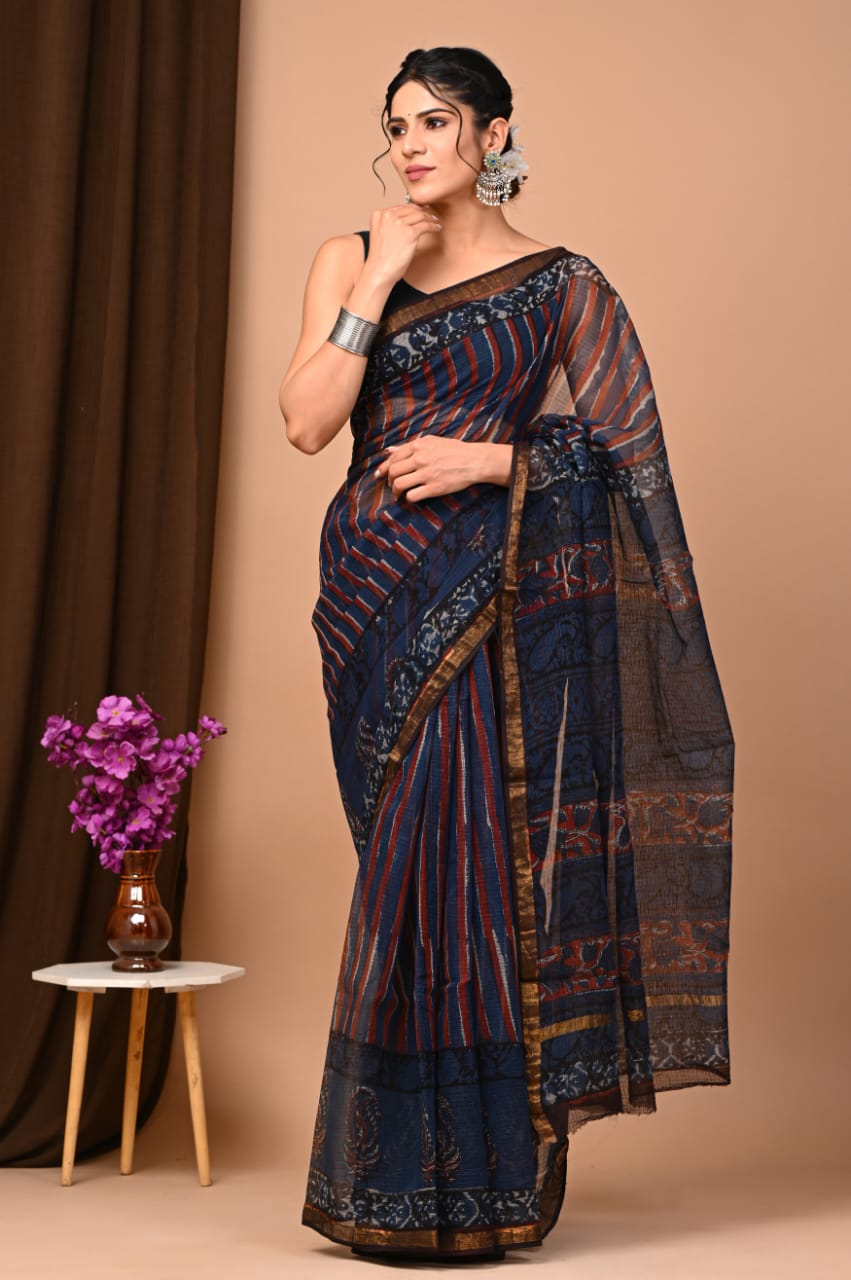 Buy MySilkLove Pickled Bluewood Handblock Kota Doriya Saree Online