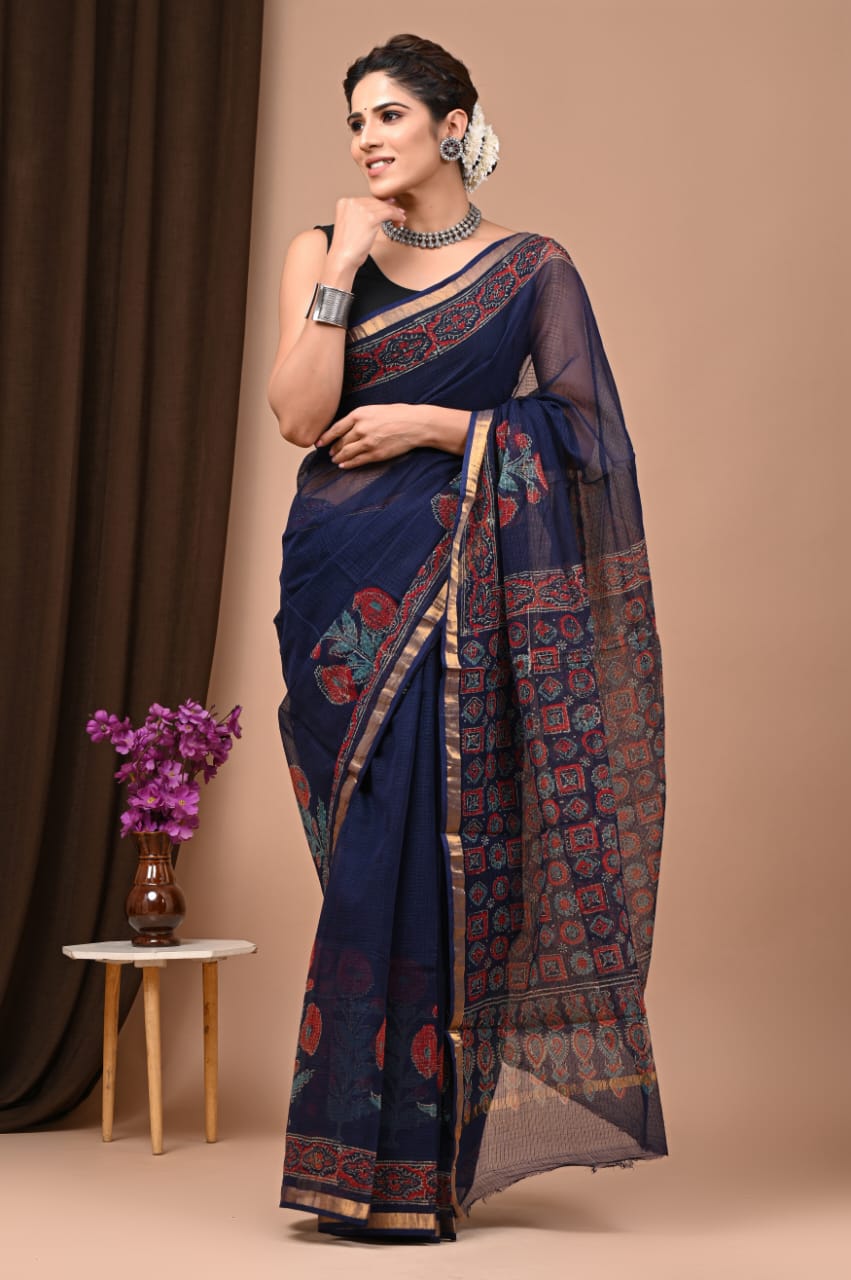 Buy MySilkLove Fiord Blue Handblock Kota Doriya Saree Online