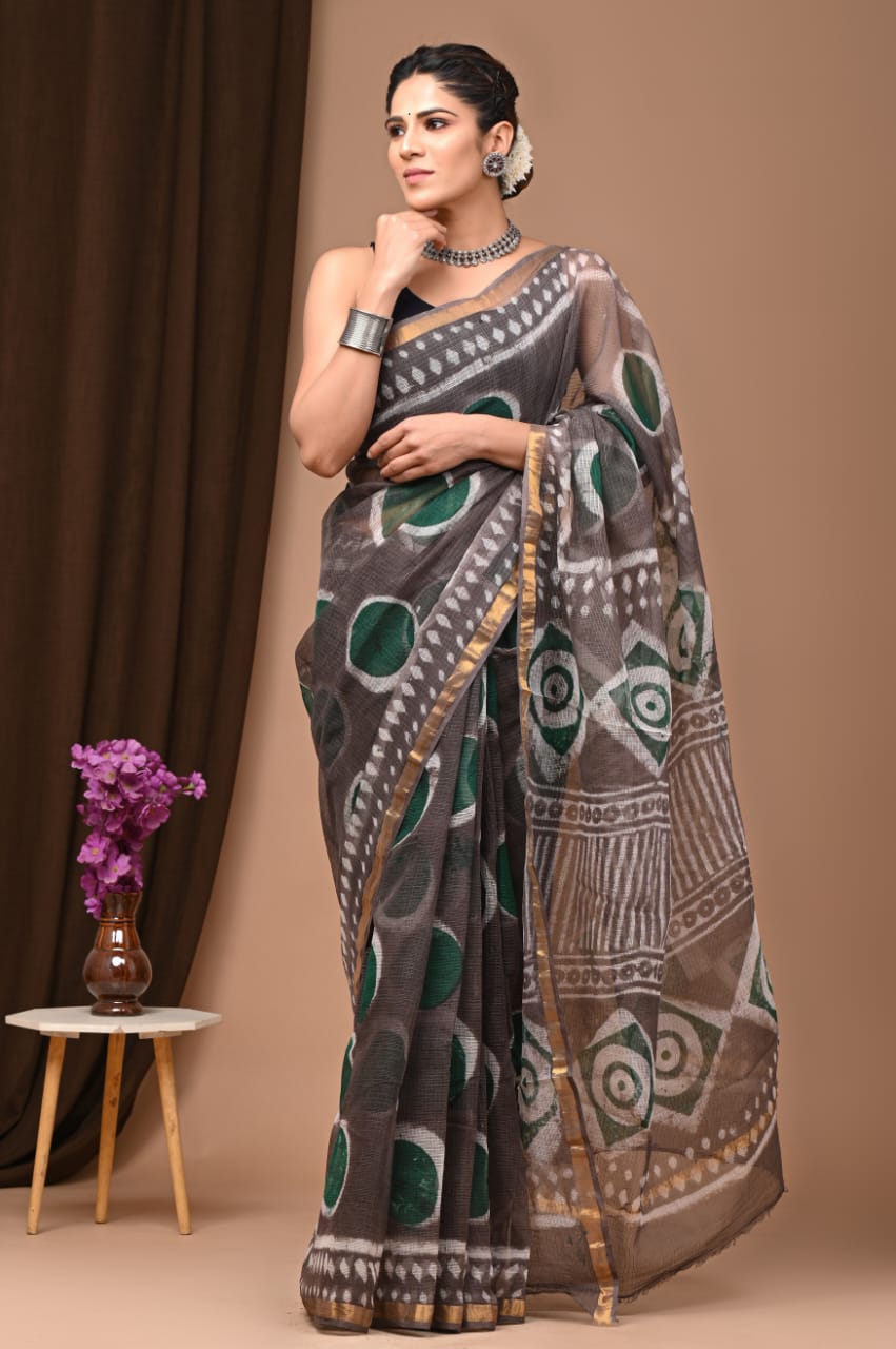 Buy MySilkLove Judge Brown Handblock Kota Doriya Saree Online