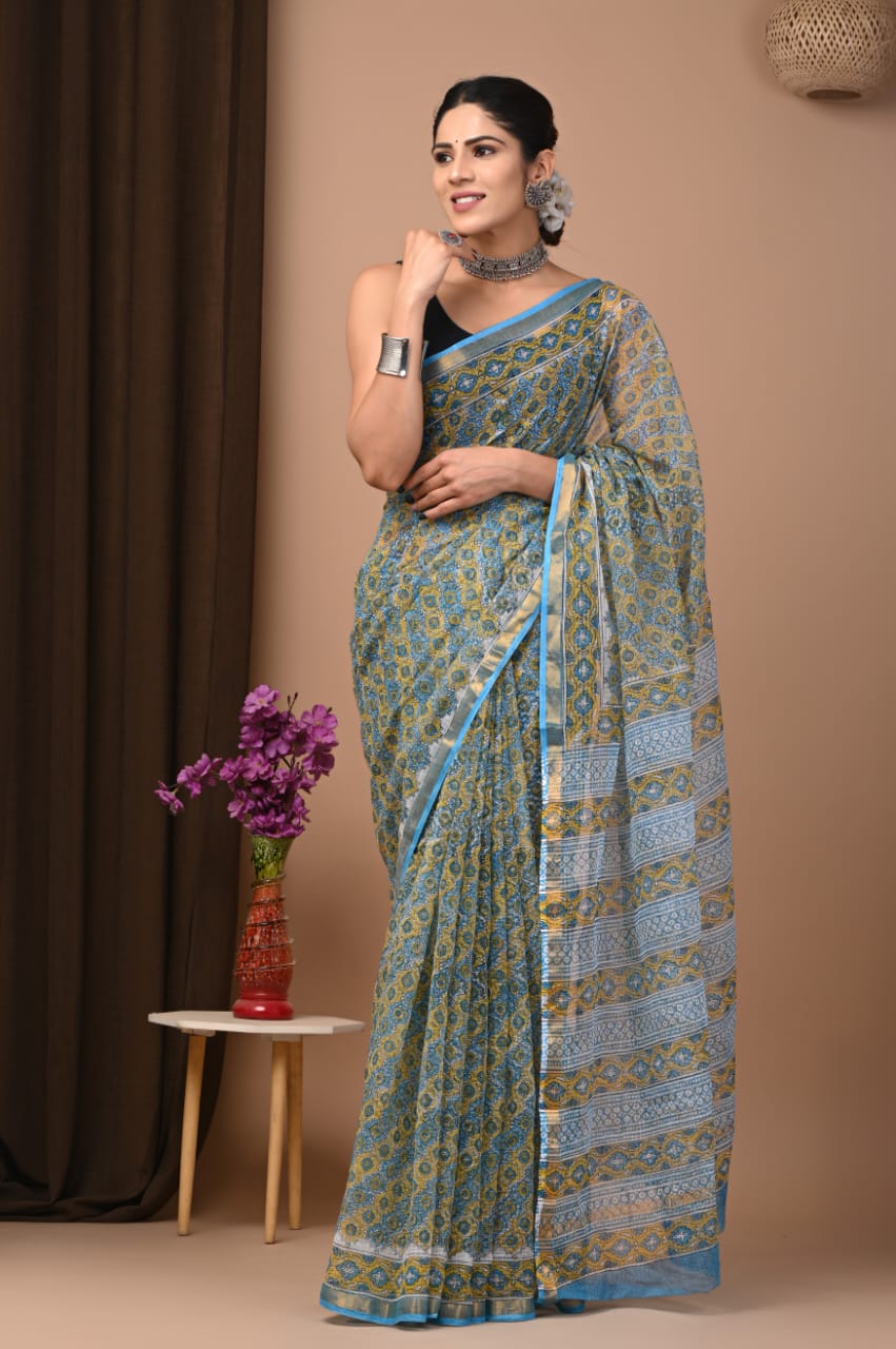 Buy MySilkLove Nevada Blue Handblock Kota Doriya Saree Online