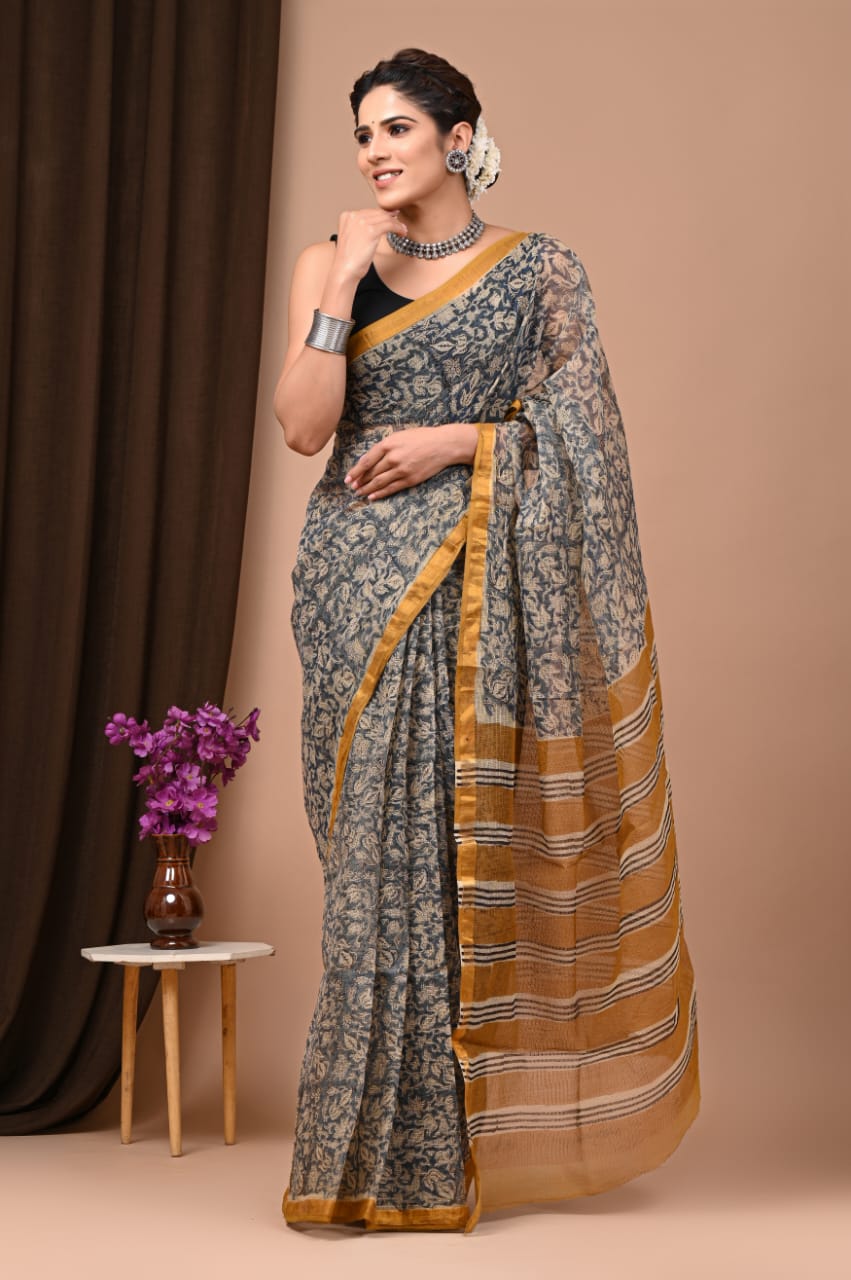 Buy MySilkLove Schooner Grey Handblock Kota Doriya Saree Online