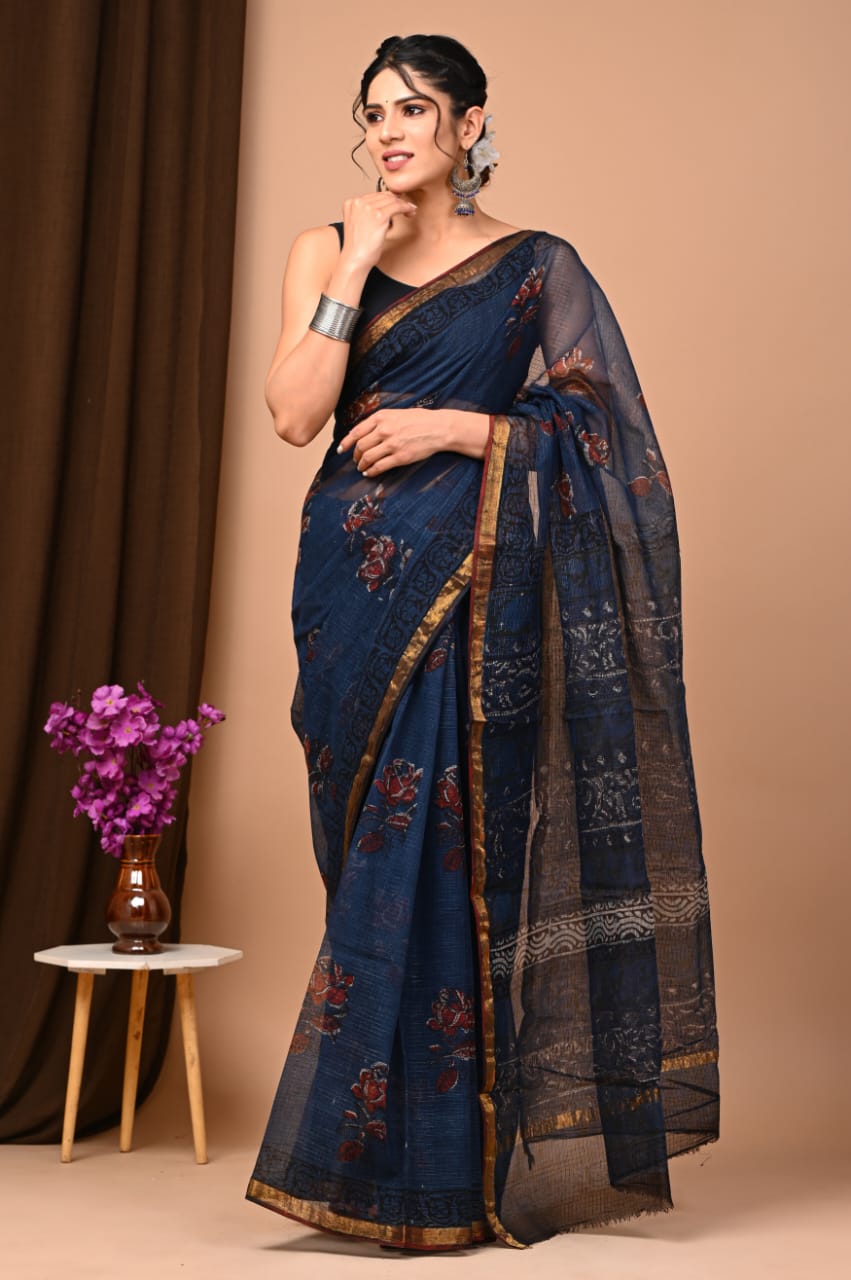 Buy MySilkLove Mist Blue Handblock Kota Doriya Saree Online