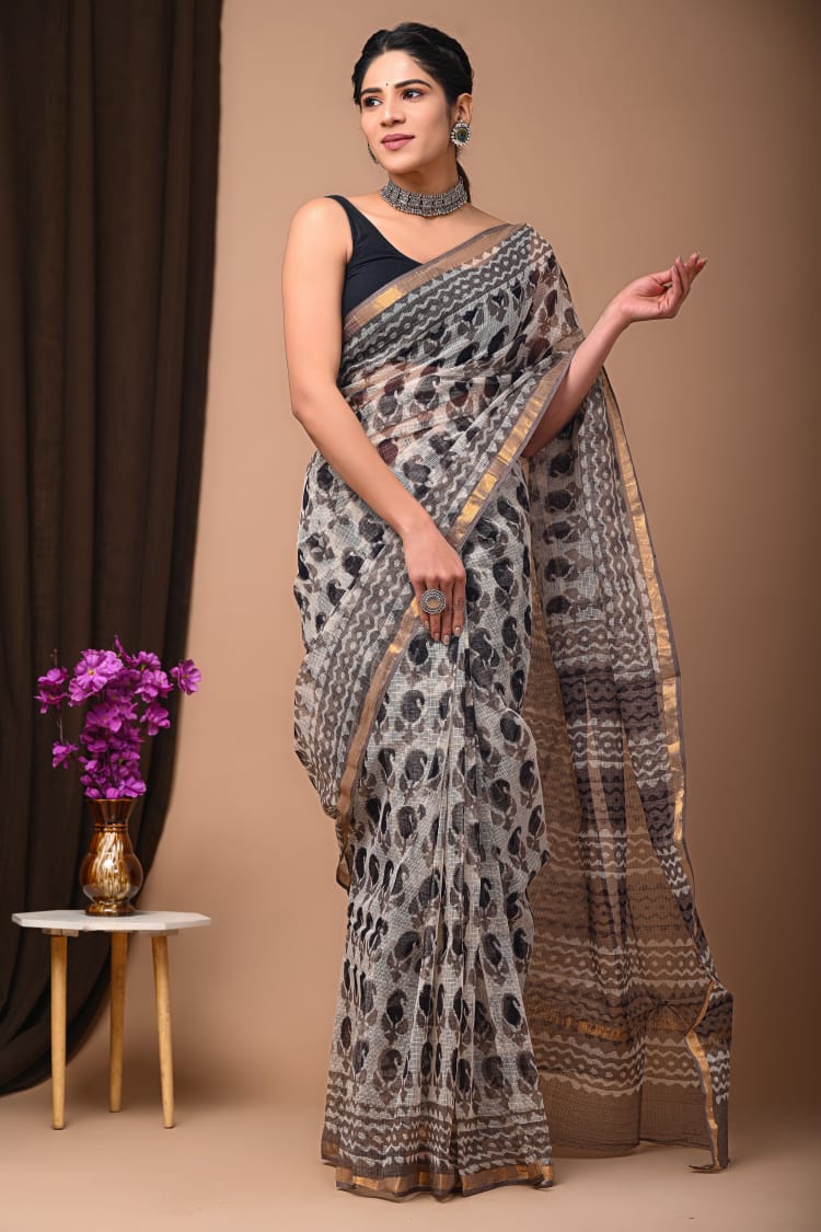 Buy MySilkLove Peral White and Black Handblock Kota Doriya Saree Online