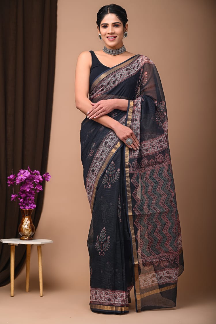 Buy MySilkLove Charade Black Handblock Kota Doriya Saree Online