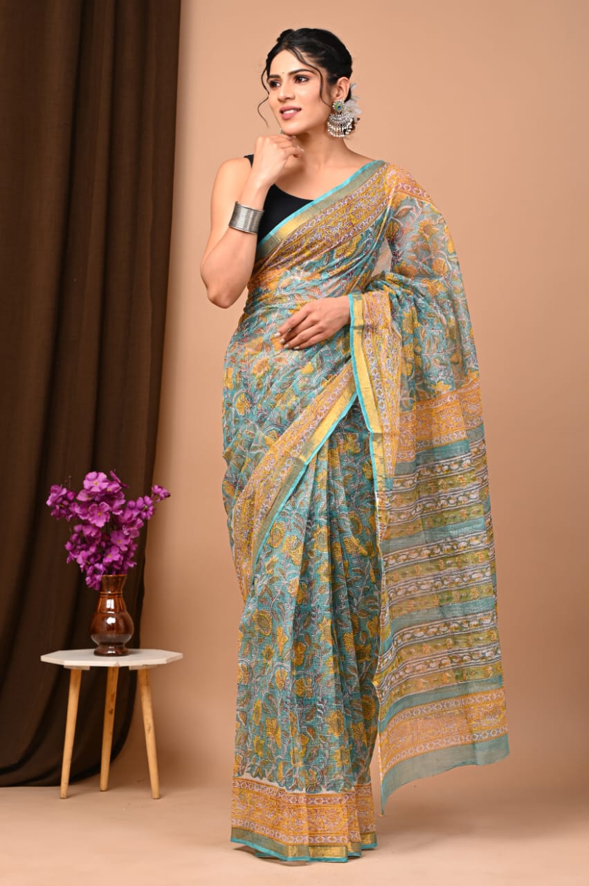 Buy MySilkLove Ming Blue Handblock Kota Doriya Saree Online