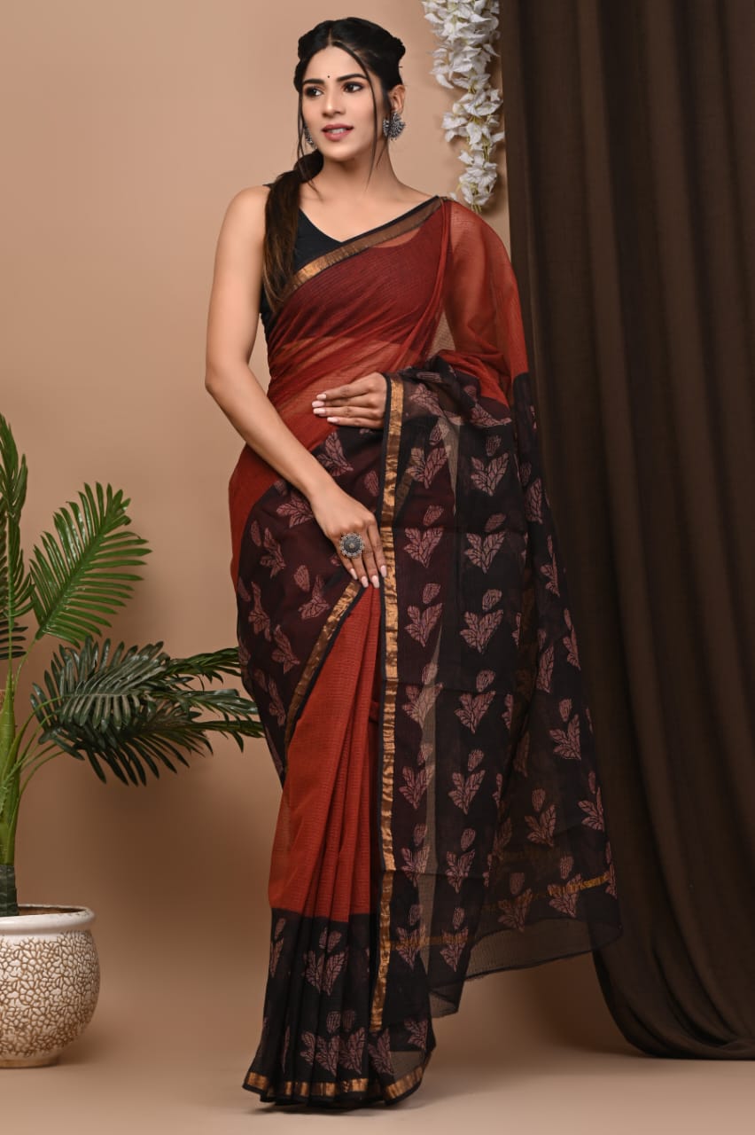 Buy MySilkLove Stiletto Red and Black Handblock Kota Doriya Saree Online