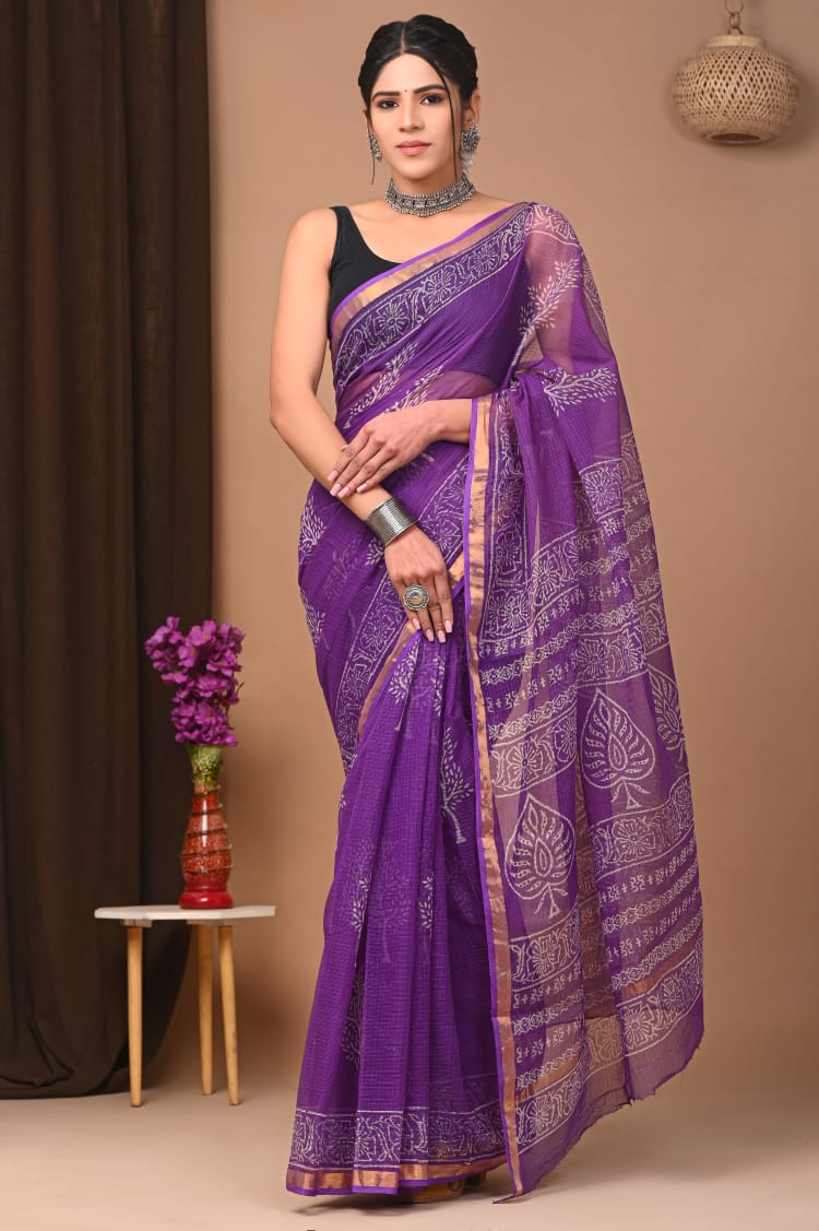 Buy MySilkLove Munsell Purple Handblock Kota Doriya Saree Online