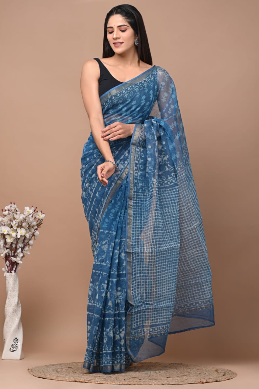 Buy MySilkLove Chambray Blue Handblock Kota Doriya Saree Online