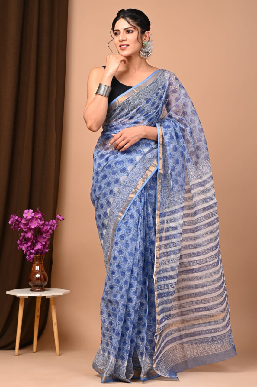 Buy MySilkLove Perano Blue Handblock Kota Doriya Saree Online