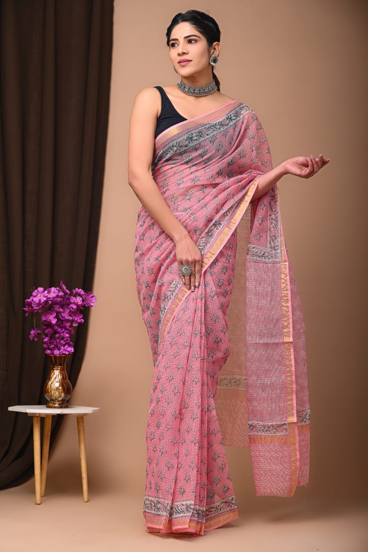 Buy MySilkLove Shimmering Blush Pink Handblock Kota Doriya Saree Online