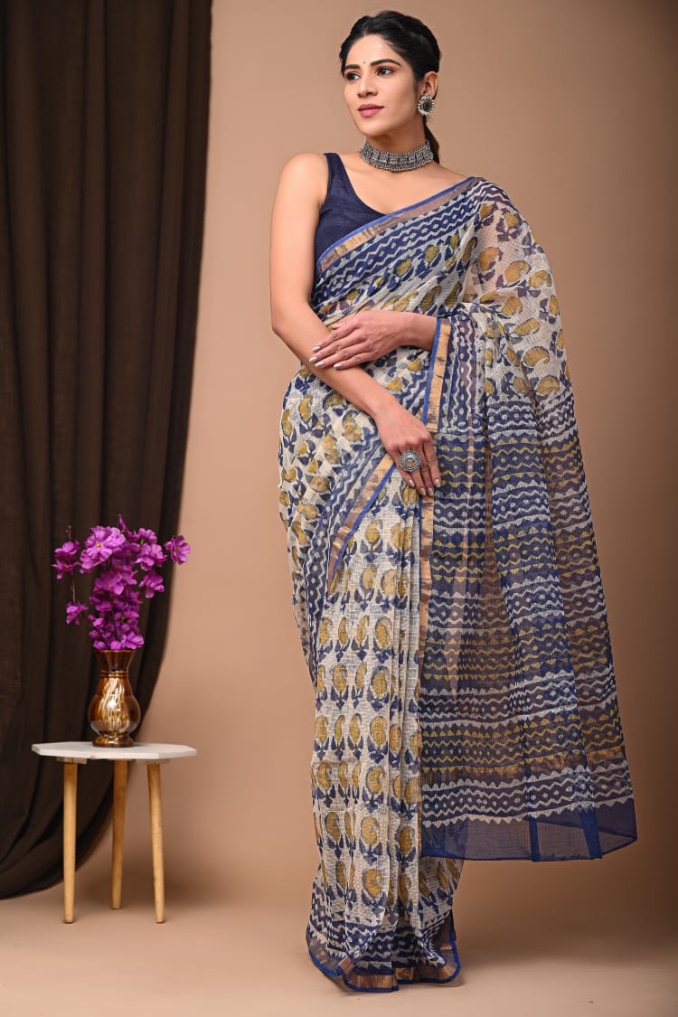 Buy MySilkLove Quick Silver Grey Handblock Kota Doriya Saree Online