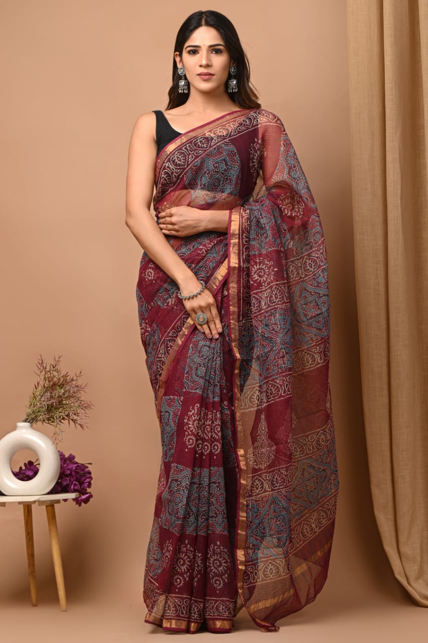 Buy MySilkLove Cocoa Bean Brown Handblock Kota Doriya Saree Online