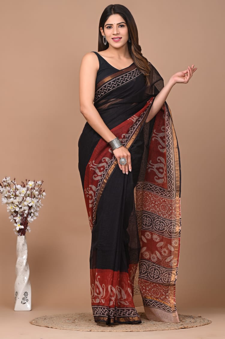 Buy MySilkLove Thunder Black Handblock Kota Doriya Saree Online