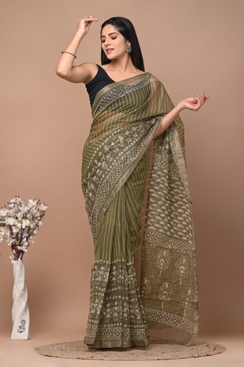 Buy MySilkLove Shadow Green Handblock Kota Doriya Saree Online