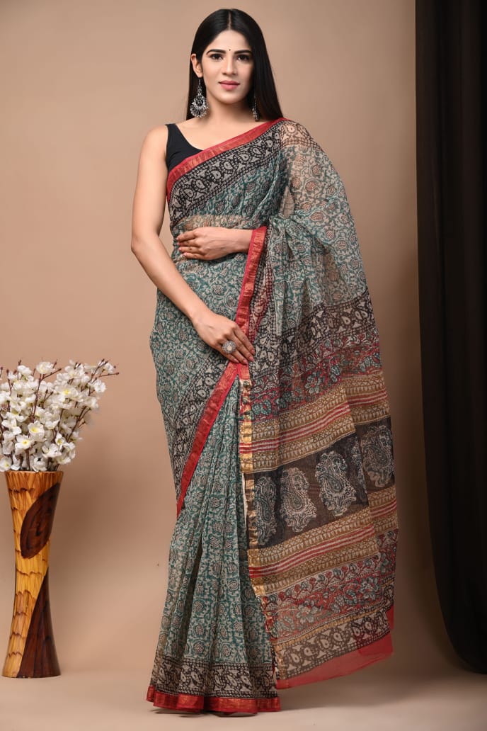 Buy MySilkLove Kelp Green Handblock Kota Doriya Saree Online