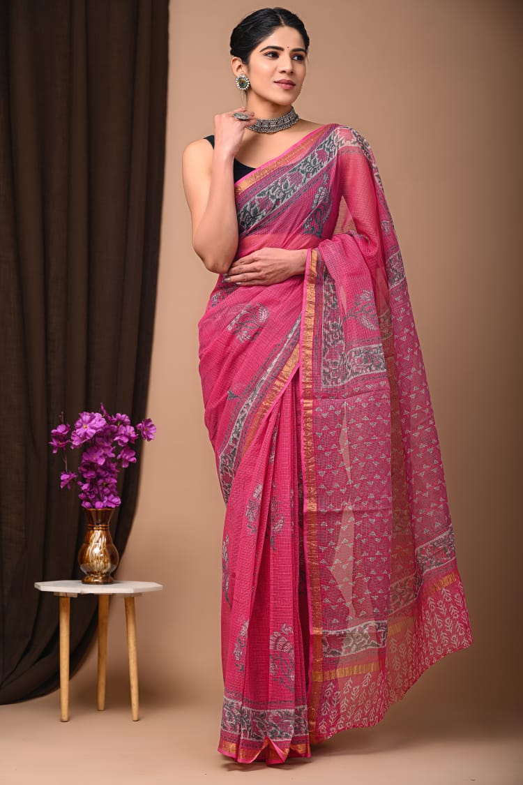 Buy MySilkLove Mulberry Pink Handblock Kota Doriya Saree Online