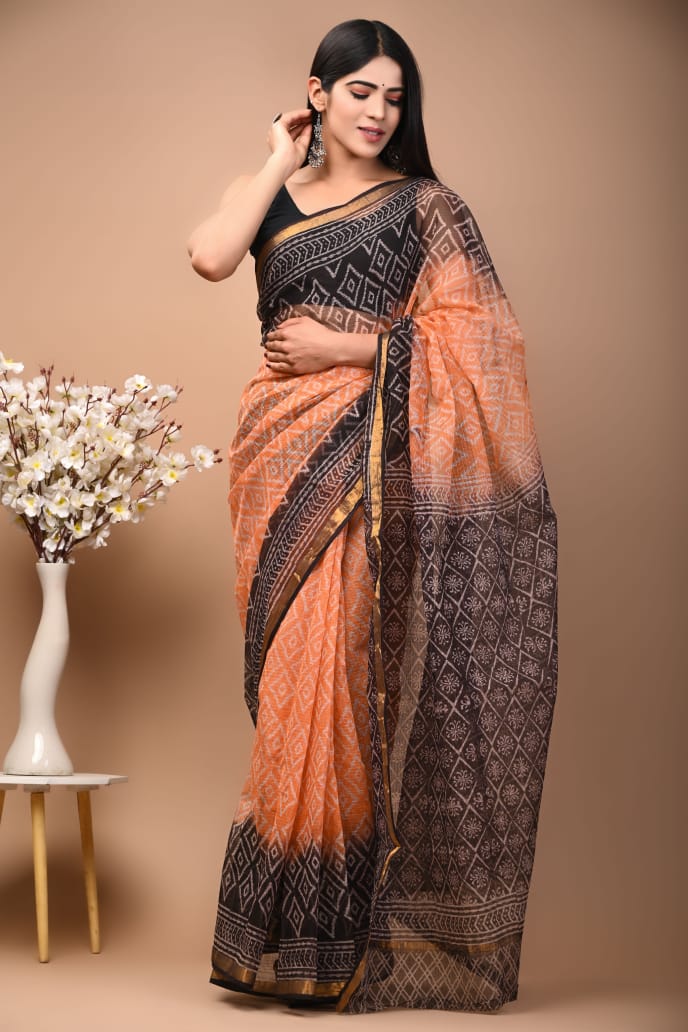 Buy MySilkLove Mandarin Pearl Orange Handblock Kota Doriya Saree Online