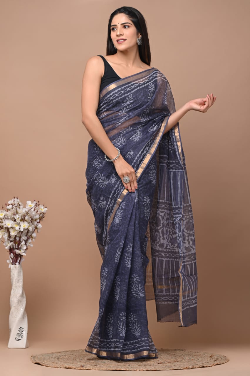 Buy MySilkLove Comet Grey Handblock Kota Doriya Saree Online