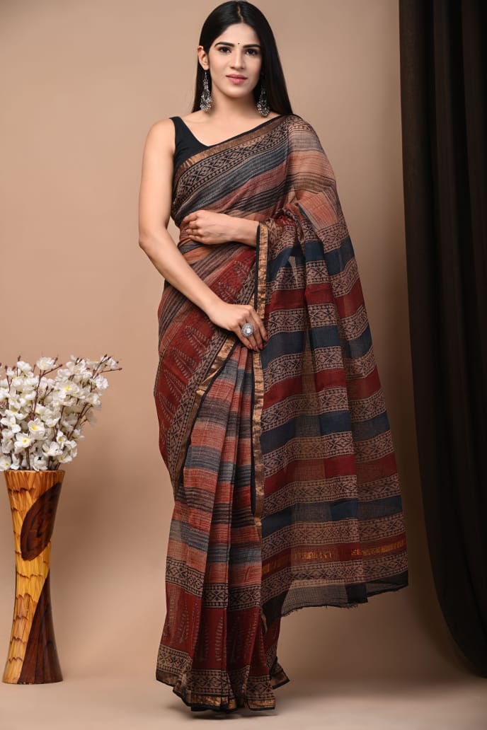 Buy MySilkLove Nutmeg Brown Handblock Kota Doriya Saree Online