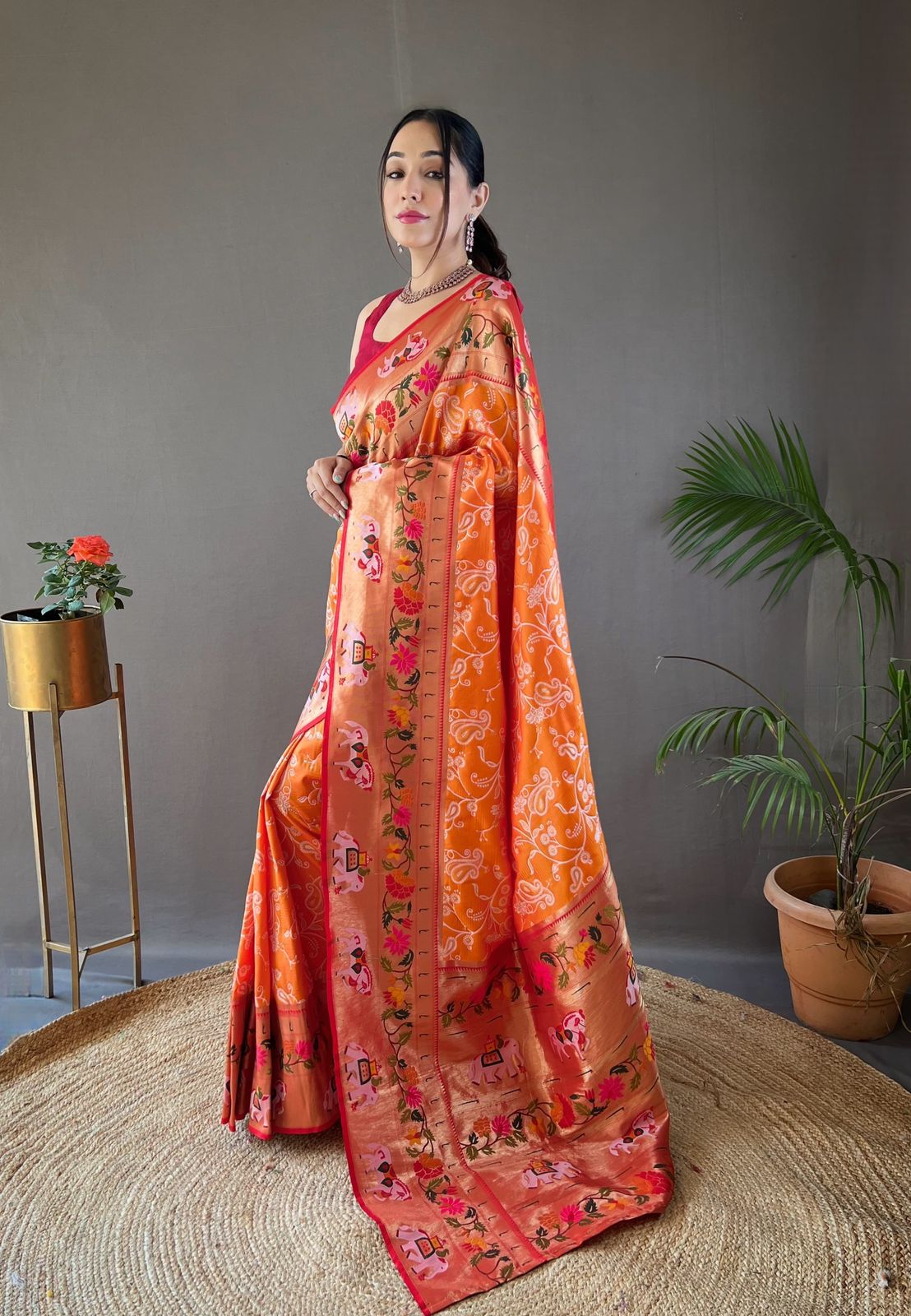 Buy MySilkLove Tangerine Orange Woven Paithani Patola Fusion Saree Online