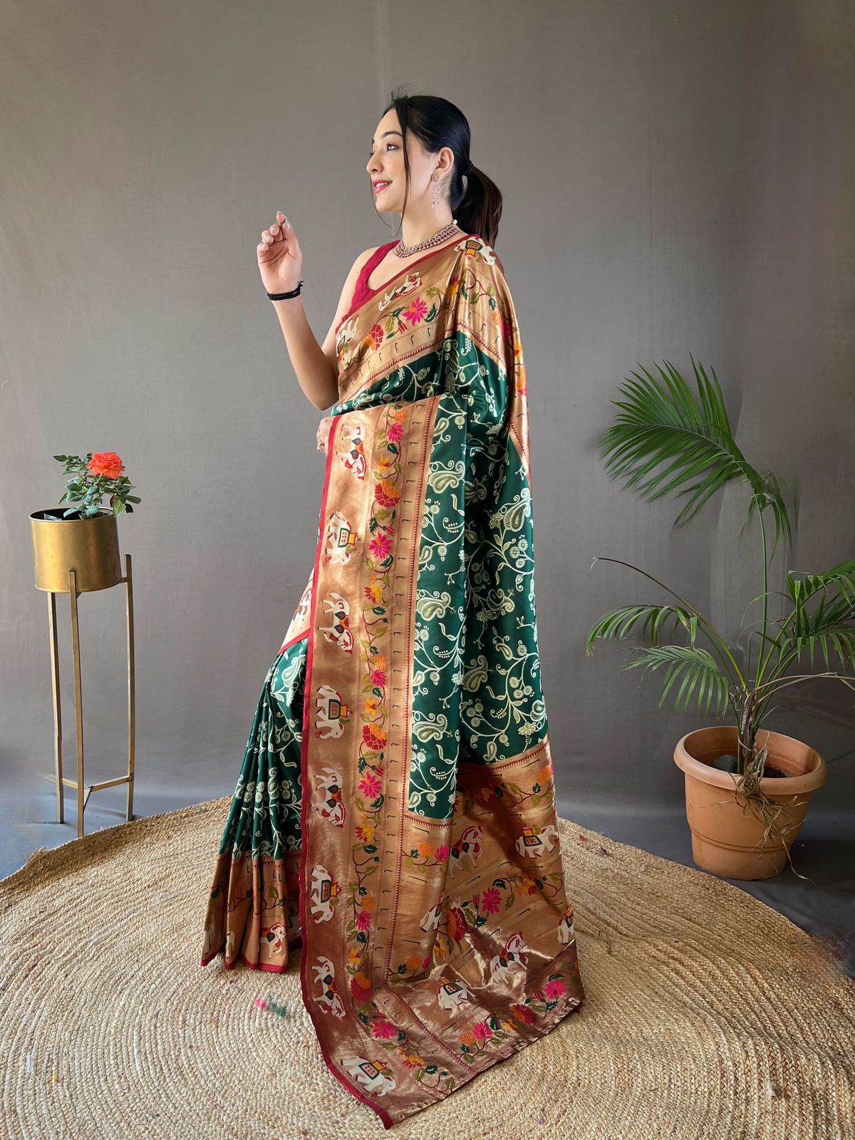 Buy MySilkLove Stromboli Green Woven Paithani Patola Fusion Saree Online