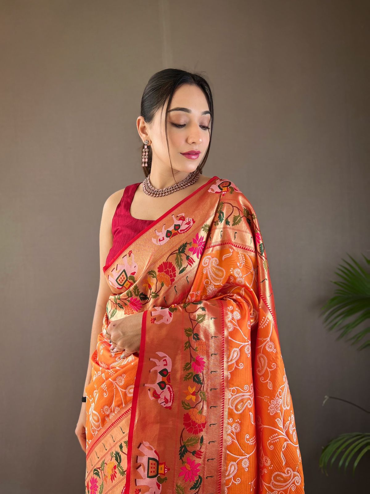 MySilkLove Tangerine Orange Woven Paithani Patola Fusion Saree