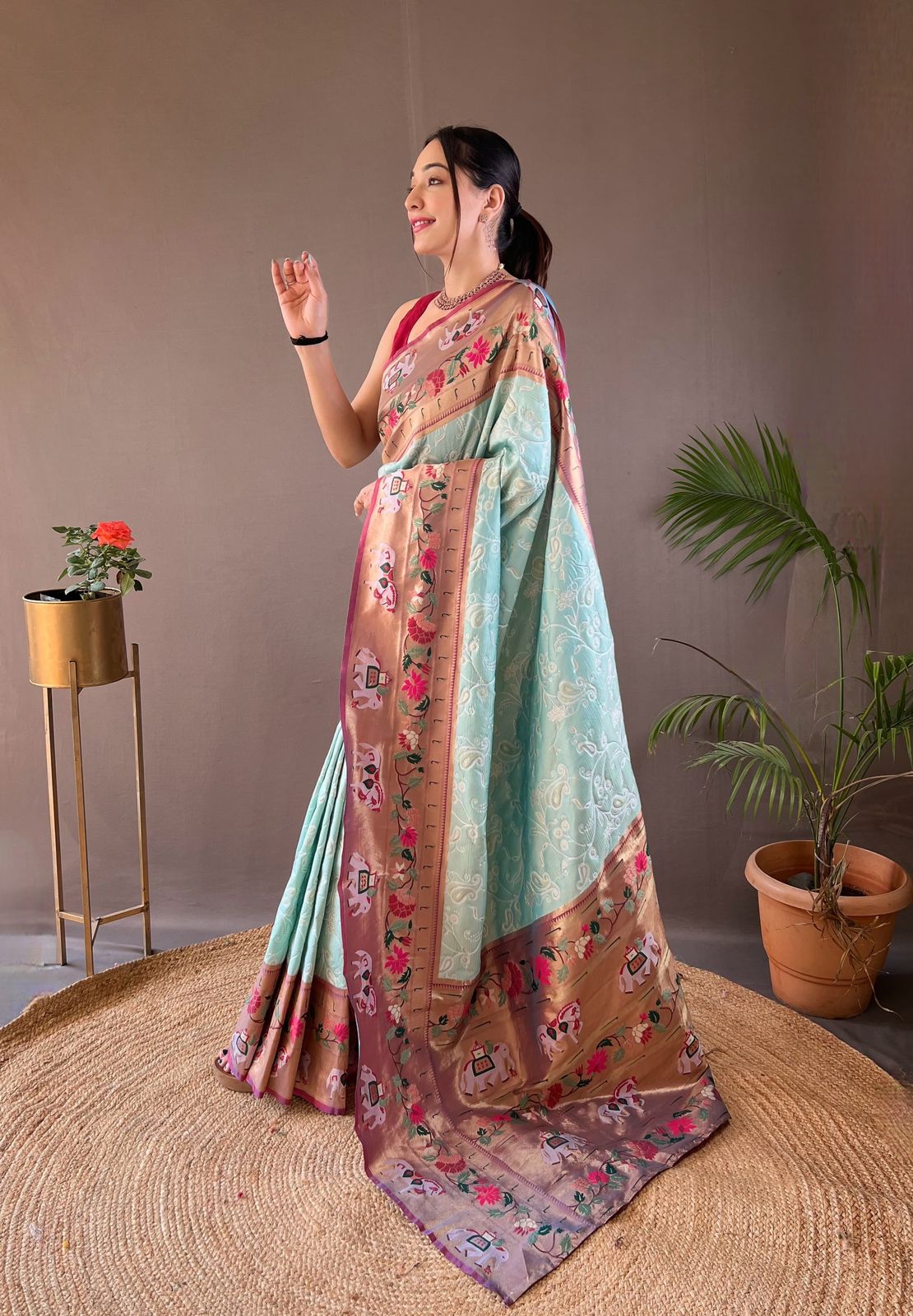 Buy MySilkLove Sky Blue Woven Paithani Patola Fusion Saree Online