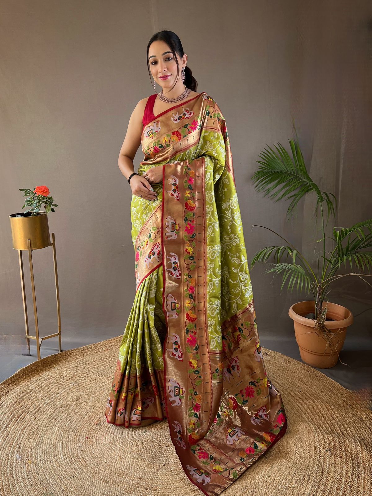 Buy MySilkLove Pesto Green Woven Paithani Patola Fusion Saree Online