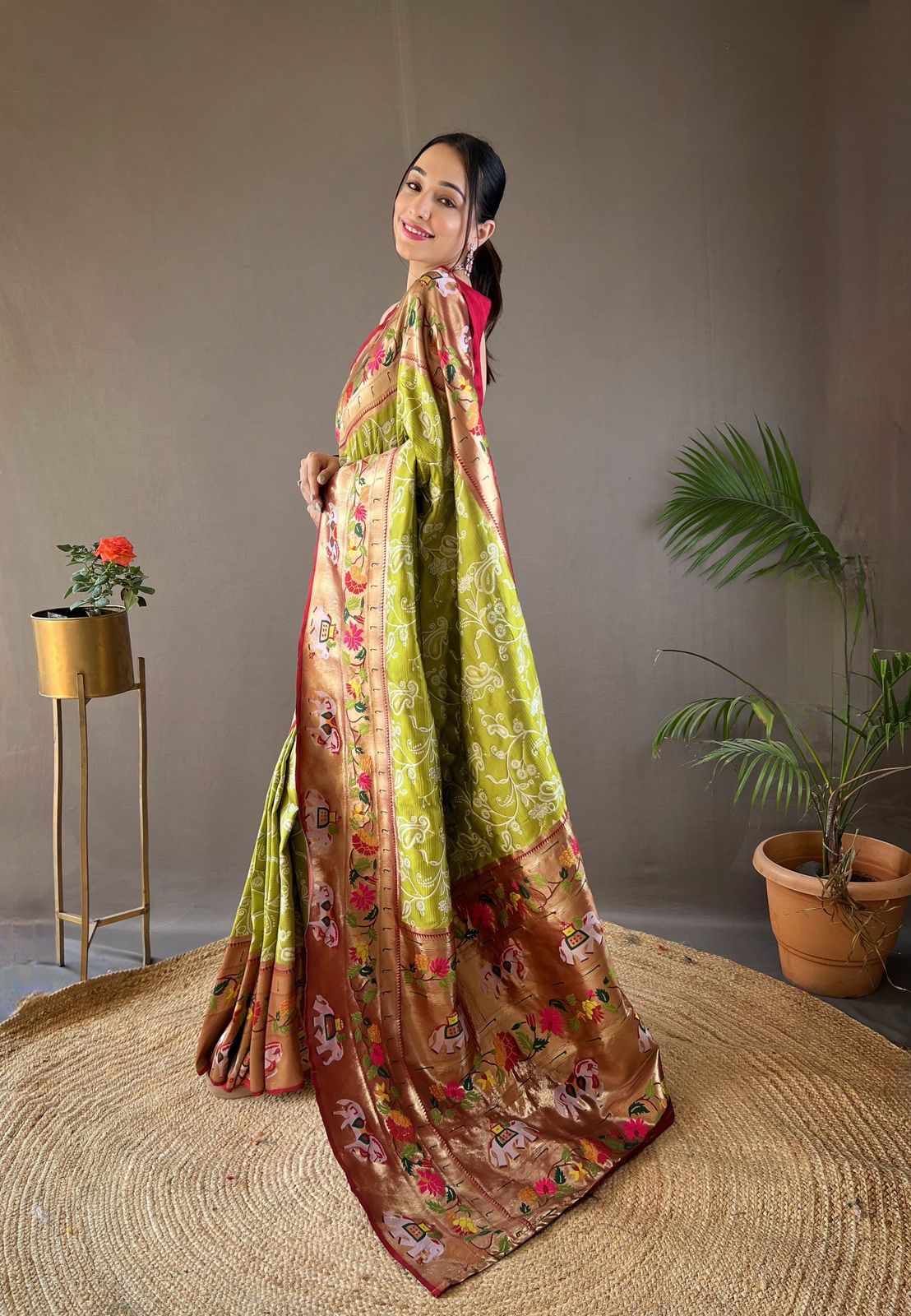 Buy MySilkLove Pesto Green Woven Paithani Patola Fusion Saree Online