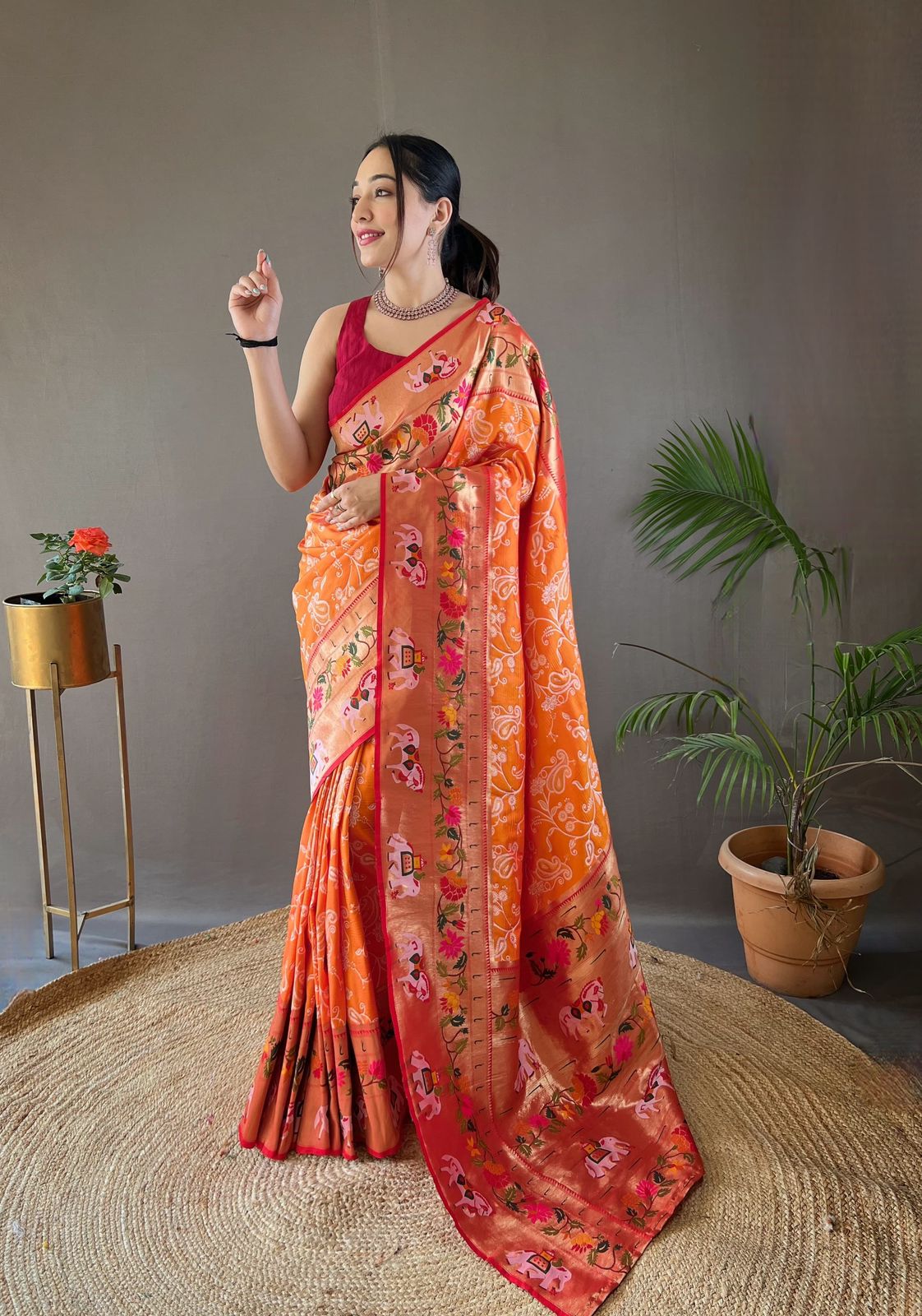 Buy MySilkLove Tangerine Orange Woven Paithani Patola Fusion Saree Online