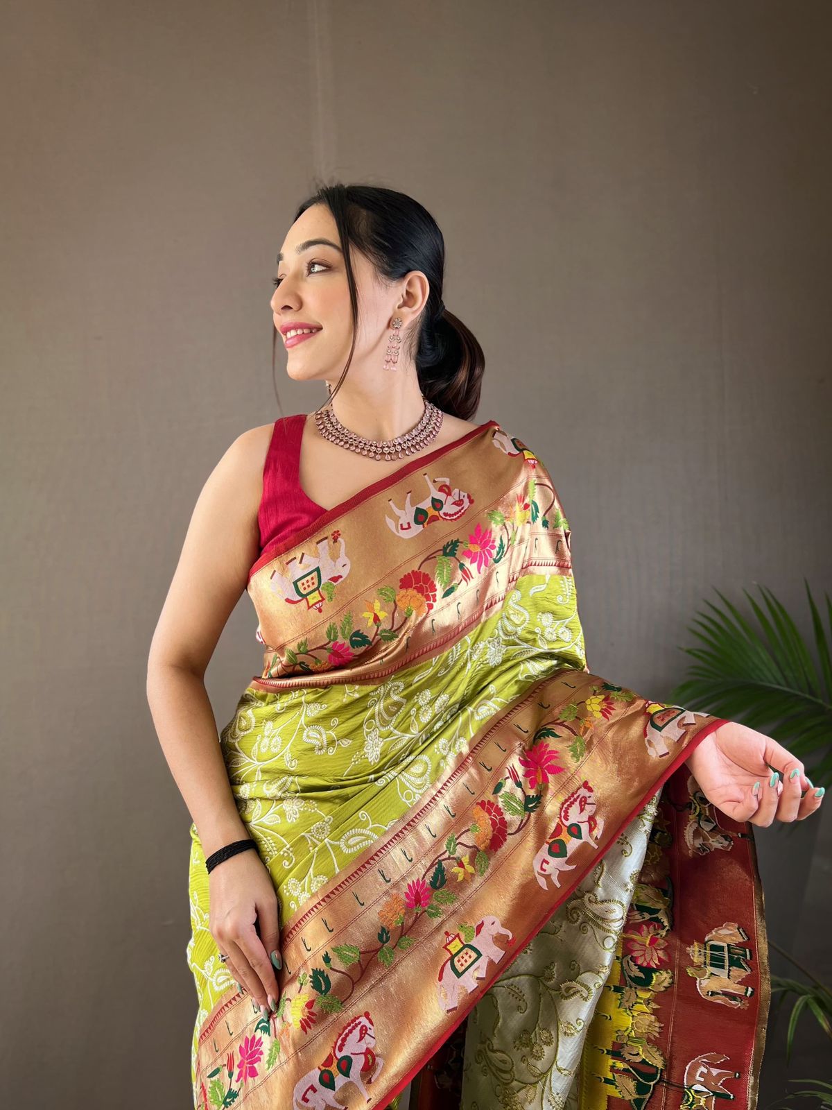 Buy MySilkLove Pesto Green Woven Paithani Patola Fusion Saree Online