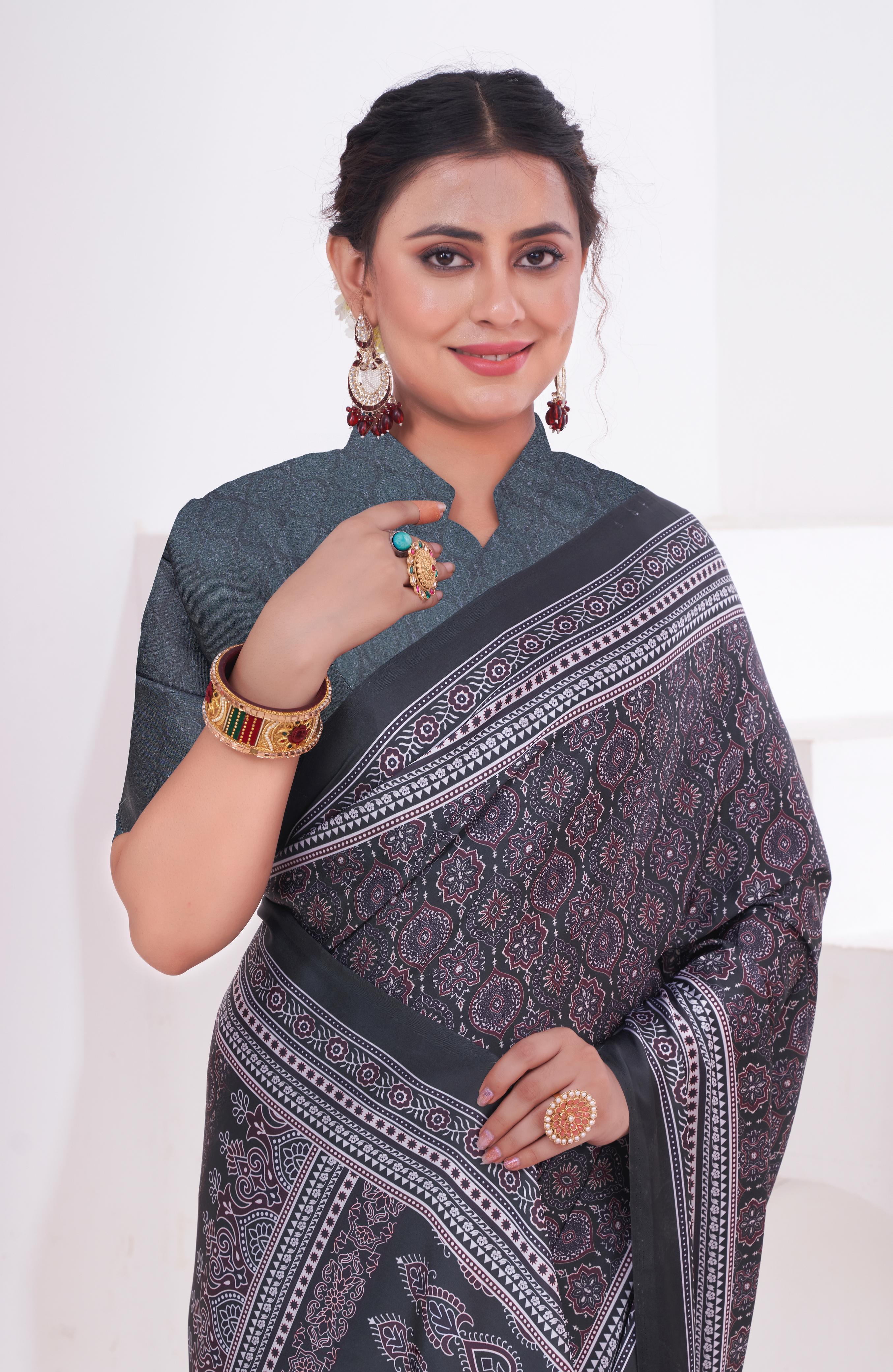 Buy MySilkLove Cloudy Grey Ajrakh Printed Satin Crepe Saree Online