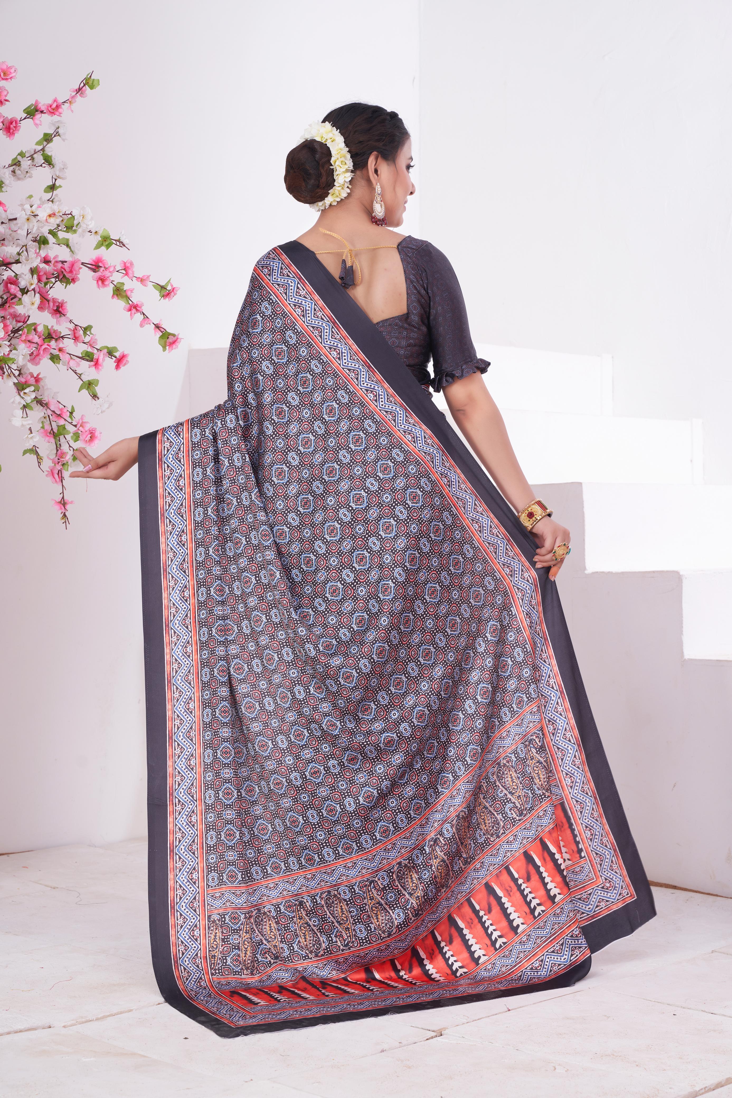 Buy MySilkLove Topaz Black and Grey Ajrakh Printed Satin Crepe Saree Online