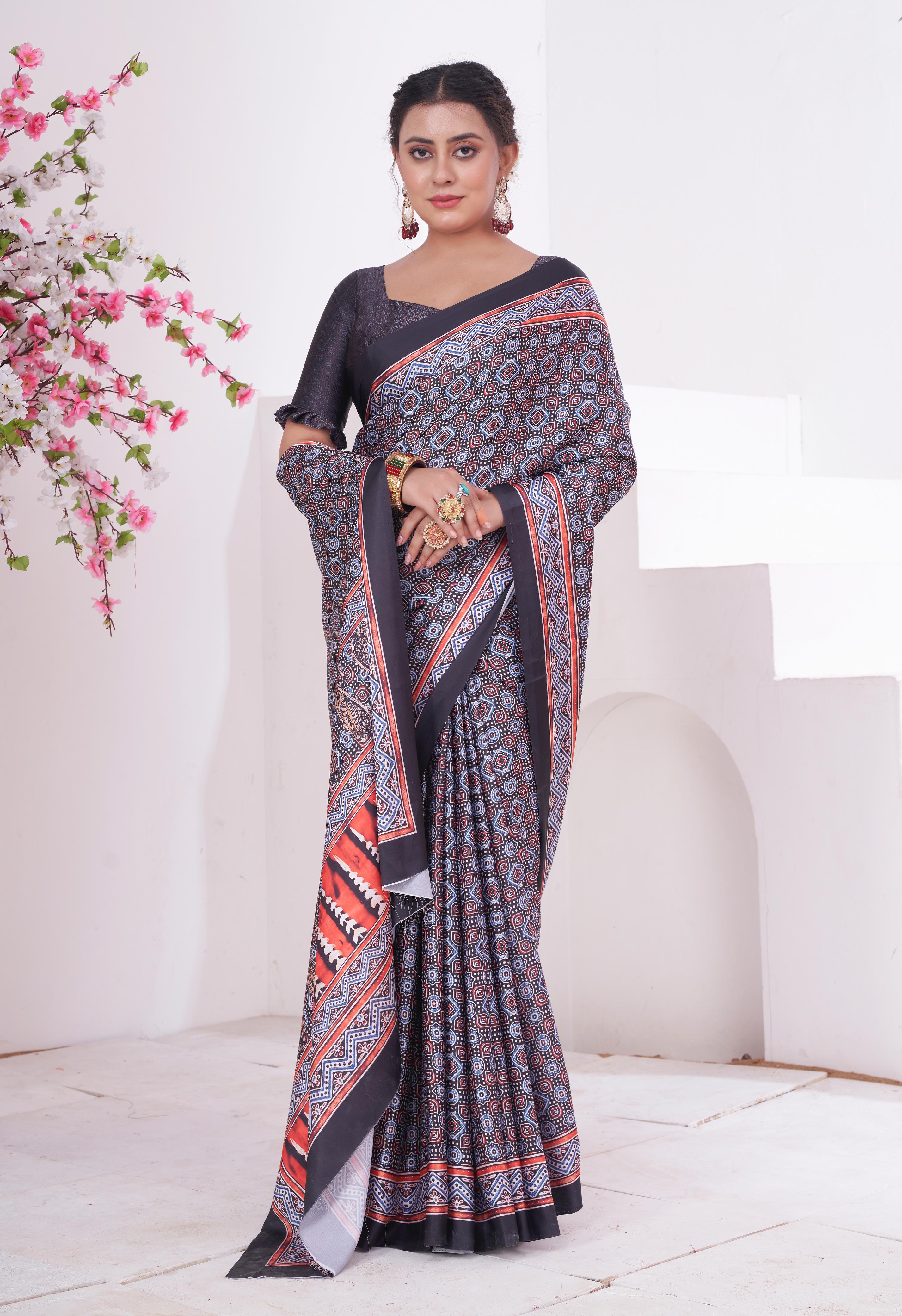 Buy MySilkLove Topaz Black and Grey Ajrakh Printed Satin Crepe Saree Online
