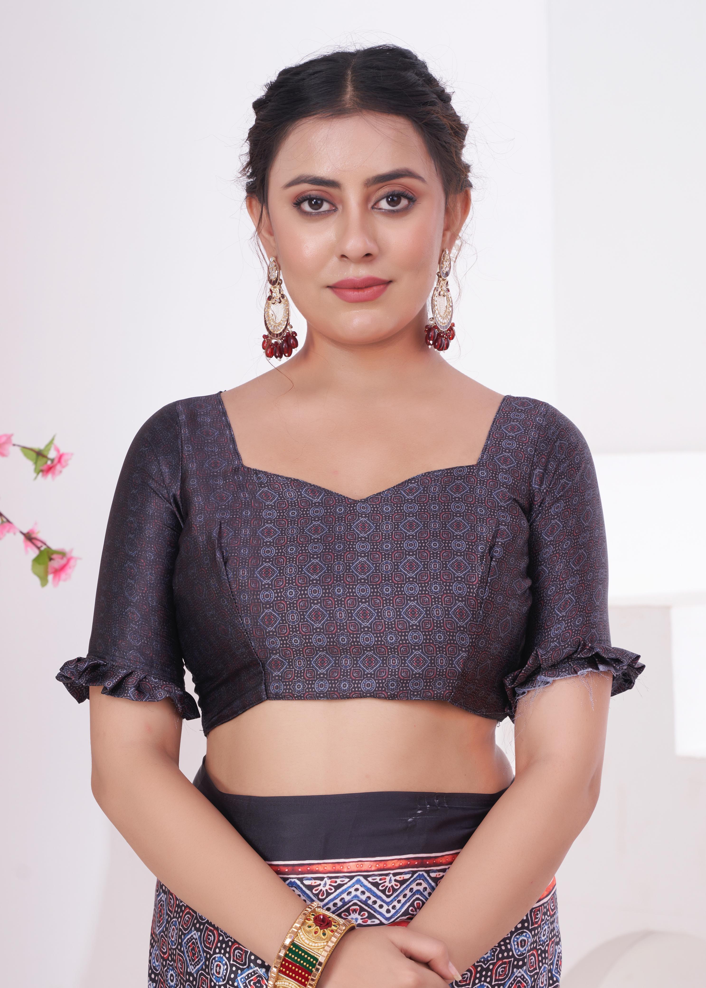 Buy MySilkLove Topaz Black and Grey Ajrakh Printed Satin Crepe Saree Online