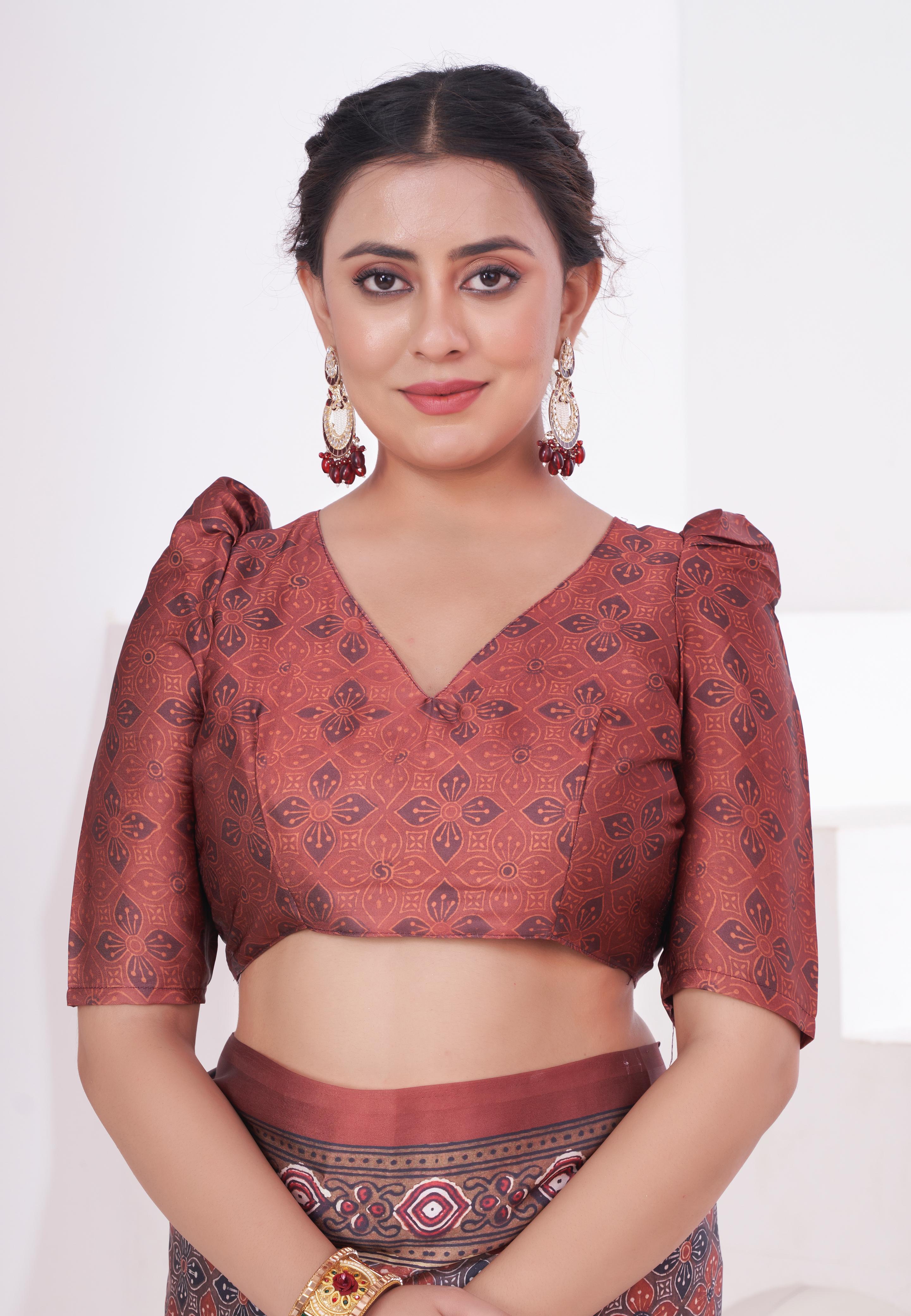 Buy MySilkLove Coral Tree Brown Ajrakh Printed Satin Crepe Saree Online