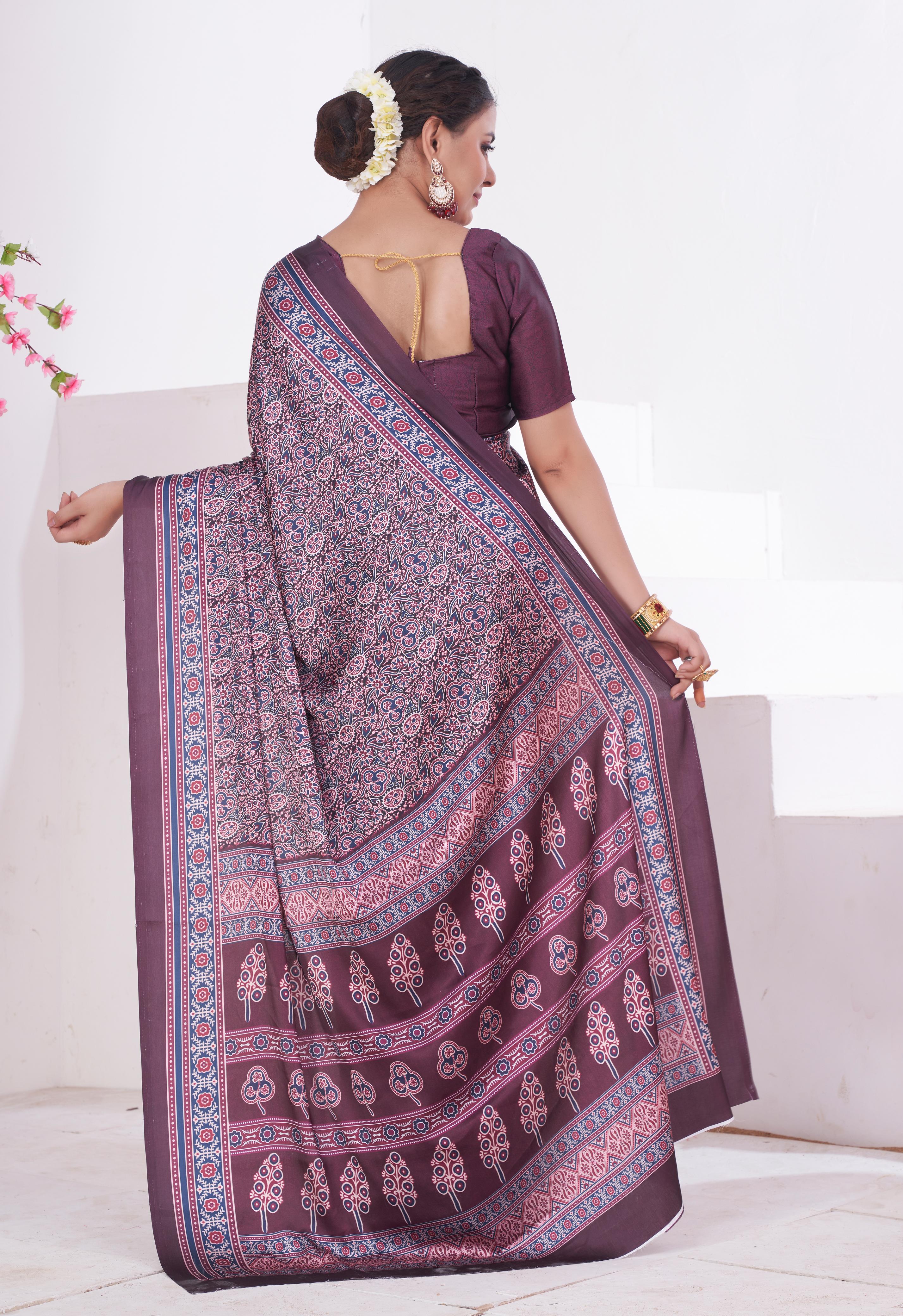 Buy MySilkLove Mountbatten Purple Ajrakh Printed Satin Crepe Saree Online